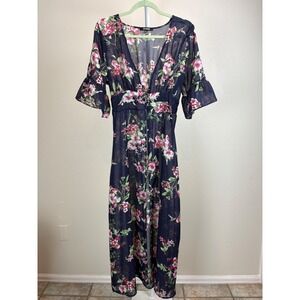 Ups & Downs Navy Floral Sheer Maxi Duster Dress Flutter Sleeves Medium Cottage